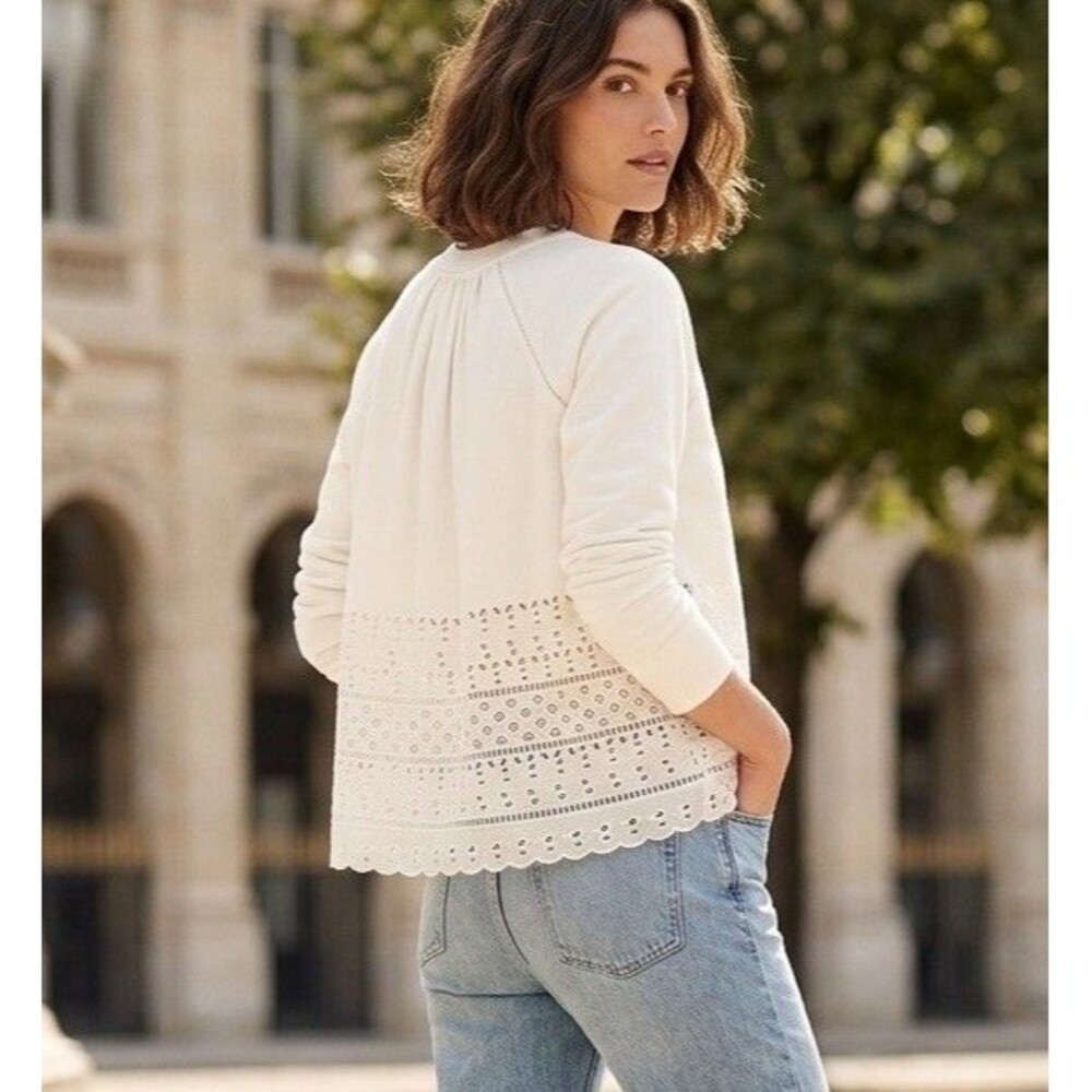 J.Crew Off-White French Terry Eyelet Lace Hem Sweatshirt Top Size XXS Crewneck